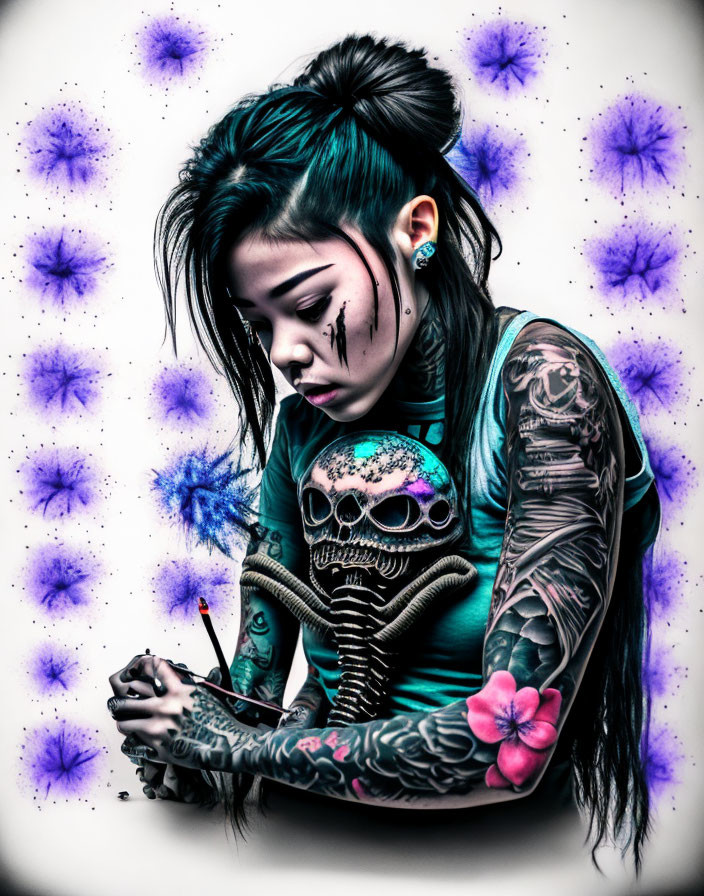 Teal-Haired Woman with Full-Sleeve Tattoos Surrounded by Purple Flowers