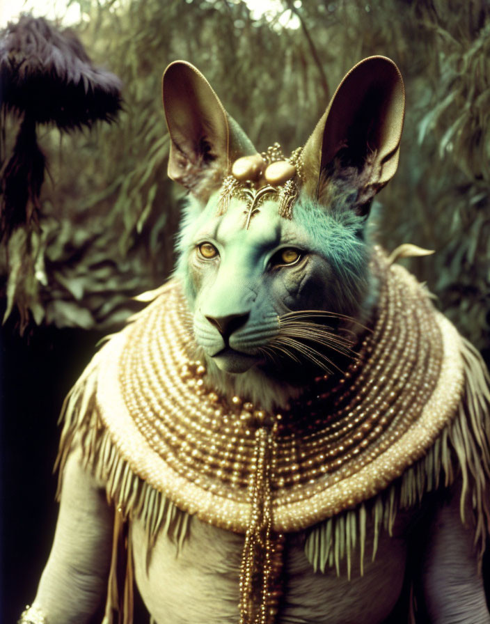 Blue anthropomorphic feline in Egyptian attire among green foliage