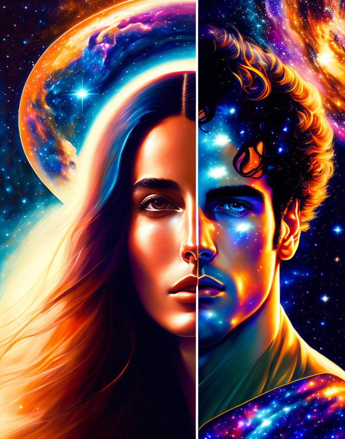 Colorful digital artwork: Man and woman profiles with cosmic hair in galaxy background