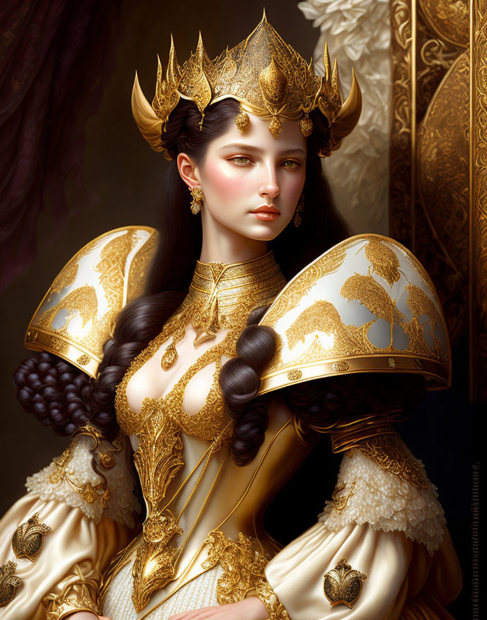 Regal woman in golden crown and armor against dark backdrop