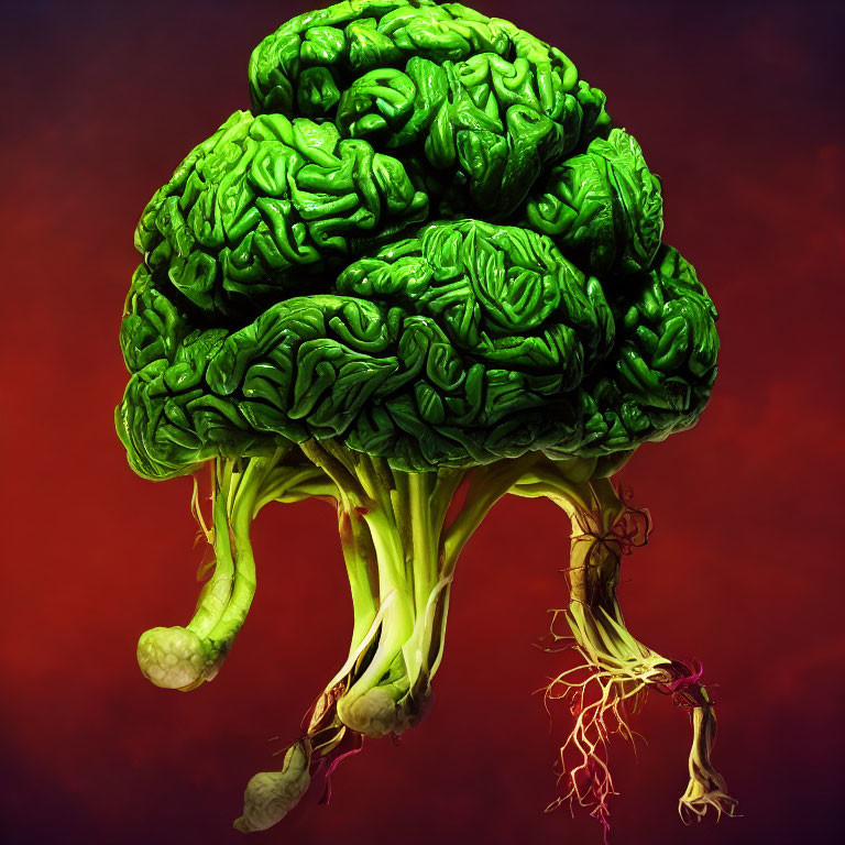 Surreal image of brain and broccoli on red backdrop