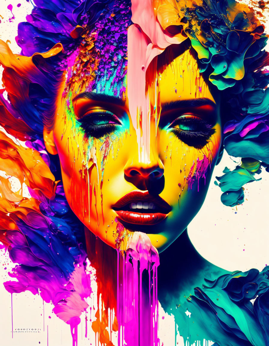 Colorful digital artwork: woman's face with paint splatters and drips