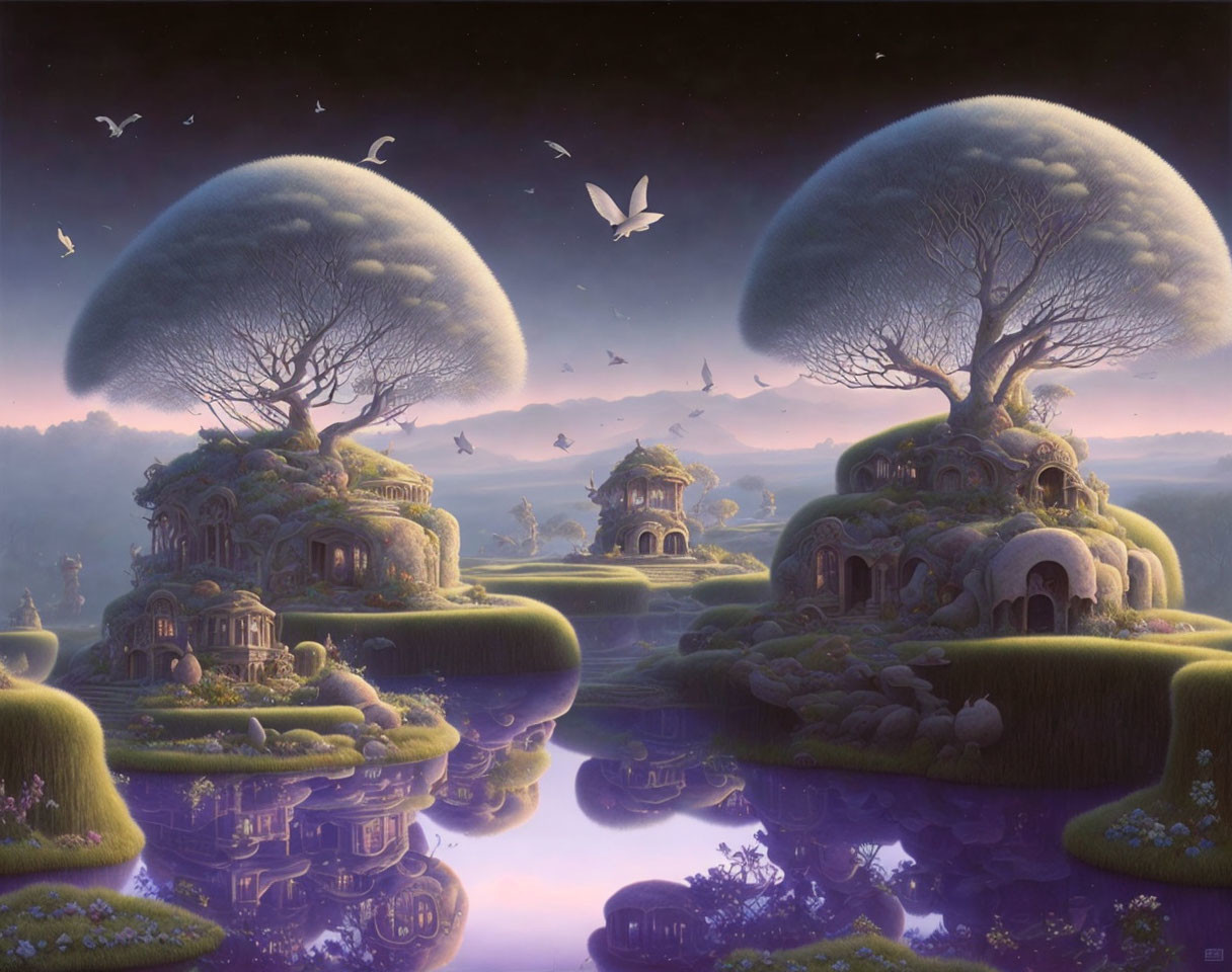 Tranquil fantasy landscape with large trees, whimsical houses, serene waters, and birds.