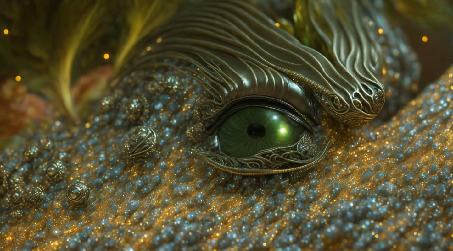 Fantastical creature with intricate patterns and green eye on glittery background