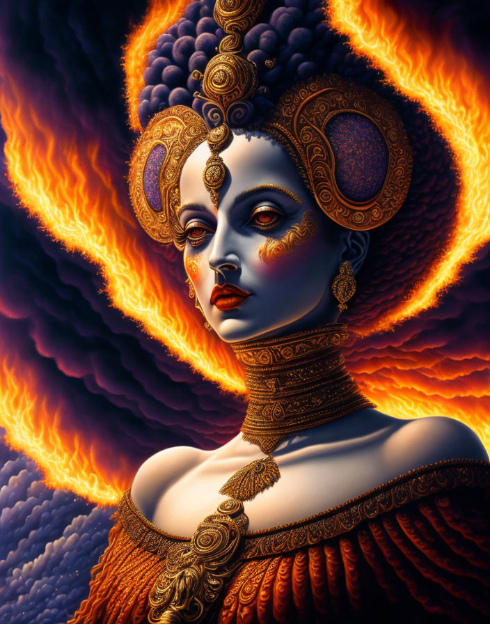 Elaborate gold headgear and jewelry on a woman against fiery backdrop