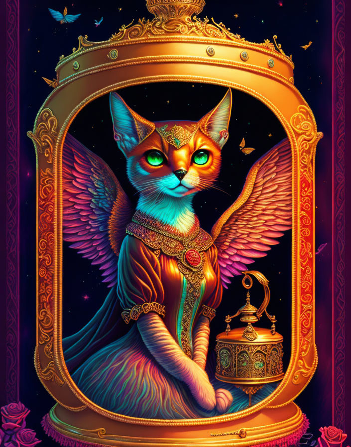 Colorful Winged Cat Illustration with Ornate Golden Border