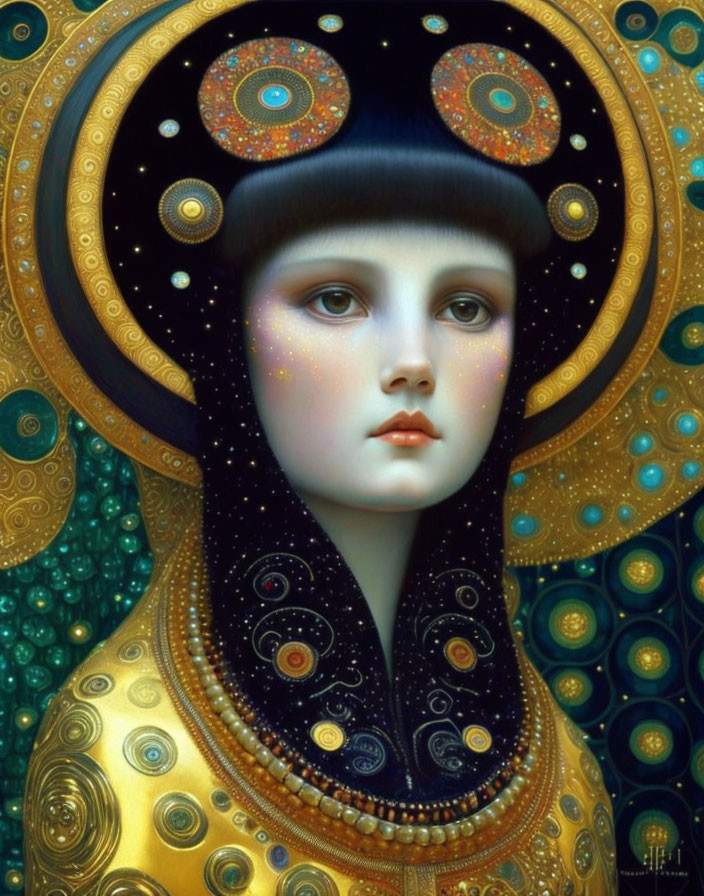 Cosmic-themed digital artwork of a woman in art nouveau and surrealism blend