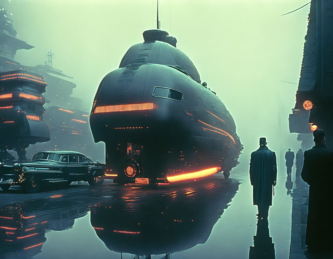 Futuristic cityscape at night with neon lights, silhouette person, vintage cars, and hovering spacecraft