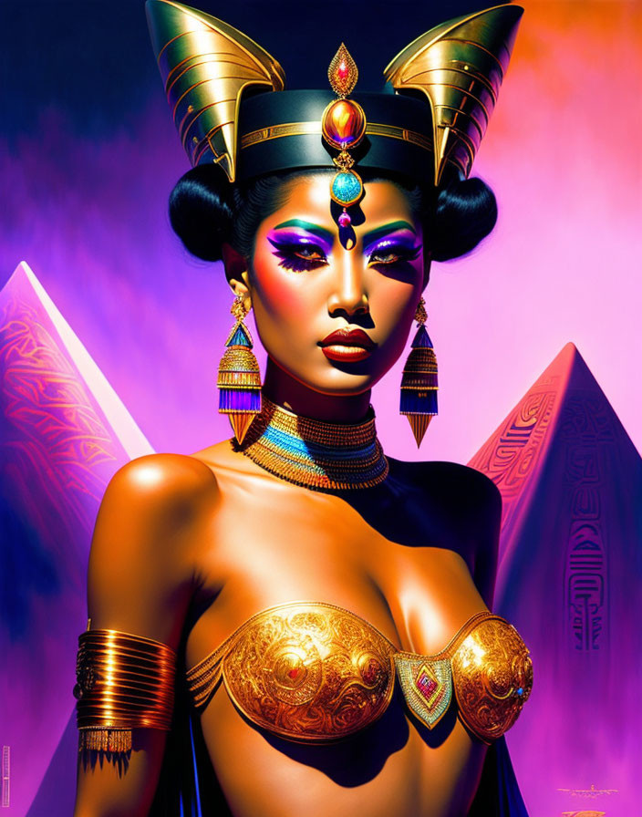 Stylized woman with Egyptian headdress on purple background