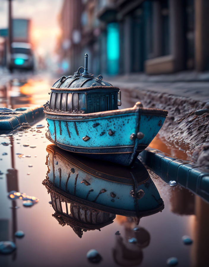 Detailed miniature ship with rust textures beside watery puddle in urban setting