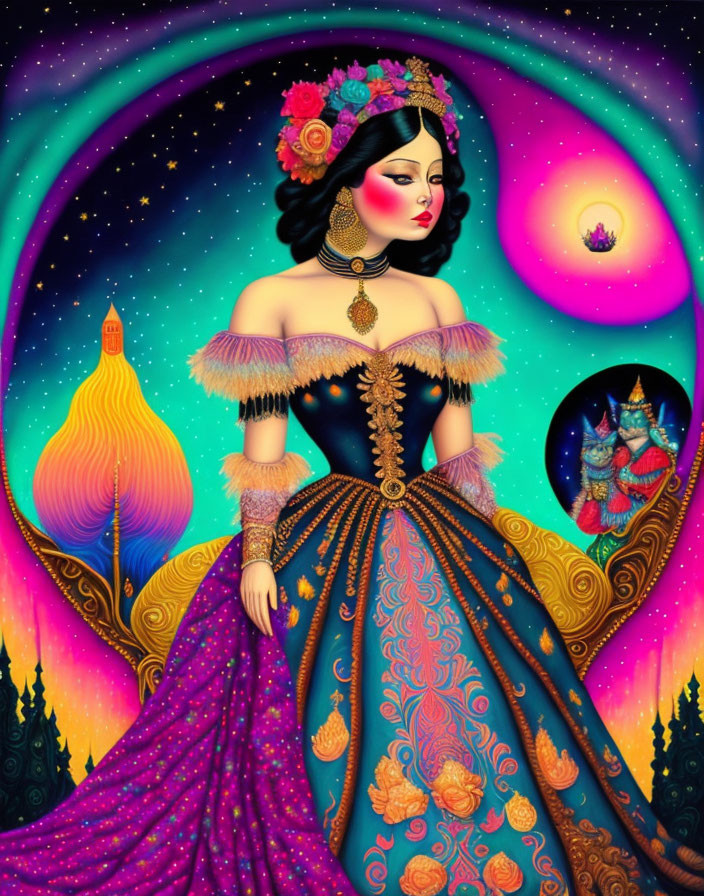 Illustrated Woman in Vibrant Cosmic Gown with Celestial and Floral Themes