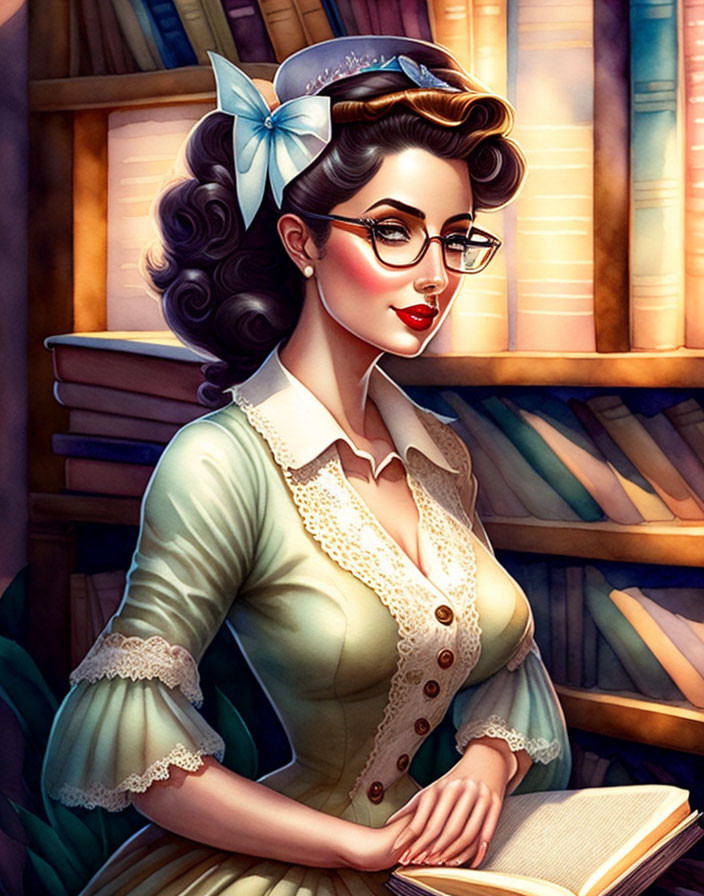 Vintage-style woman with glasses reading in library full of books