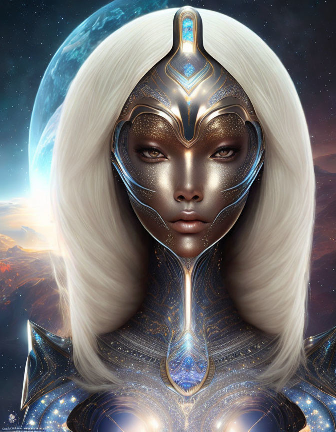 Platinum Blonde Futuristic Female Figure in Metallic Armor