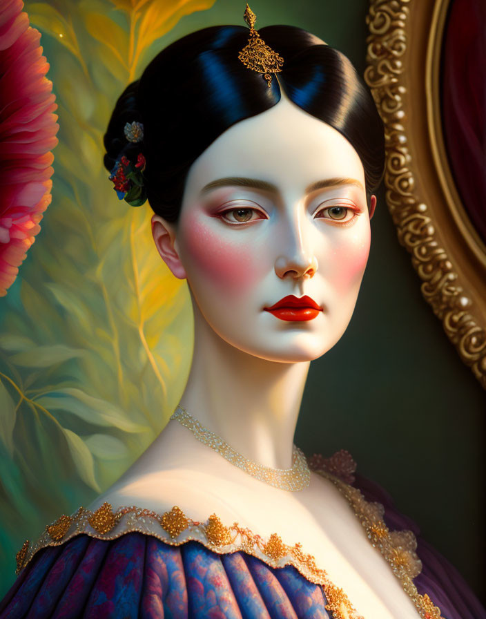 Porcelain-skinned woman with red lips in ornate hairstyle against feather backdrop