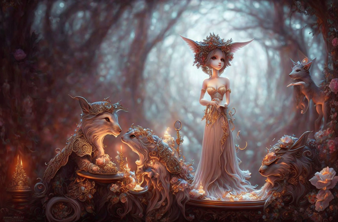 Elf woman in enchanted forest with mythical creatures, warm tones & intricate details