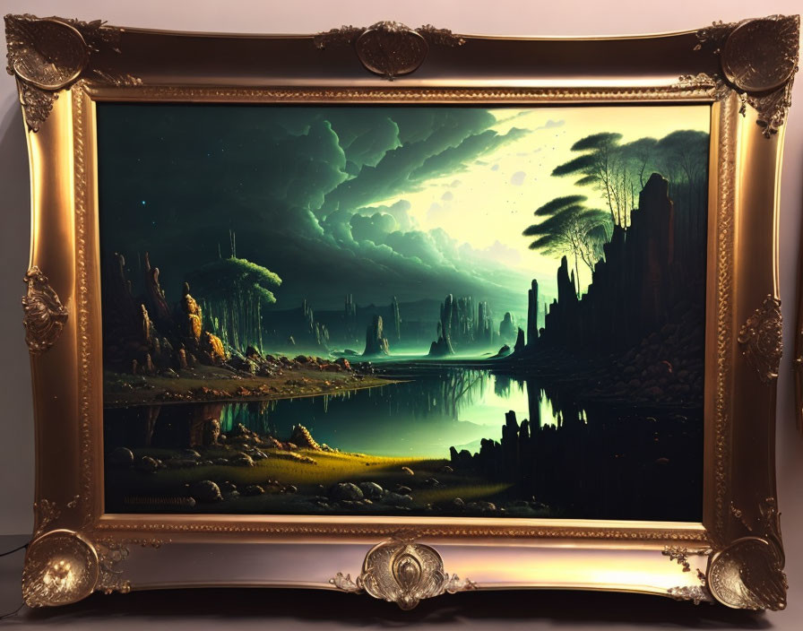 Gold Frame Surrounds Fantasy Landscape Painting: Green Skies, Rock Formations, Reflective Lake