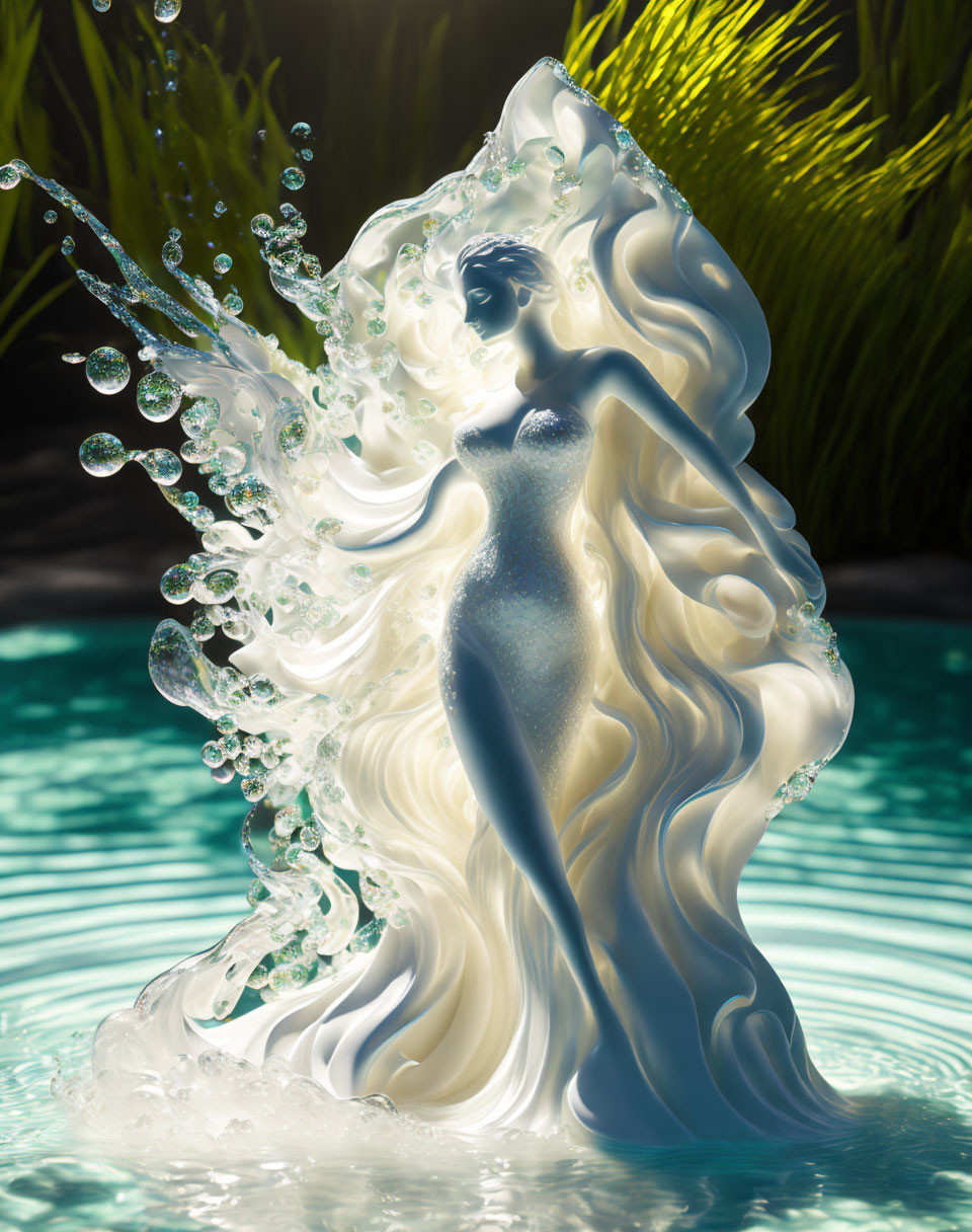 Surreal image of womanly figure in water and milk amidst greenery