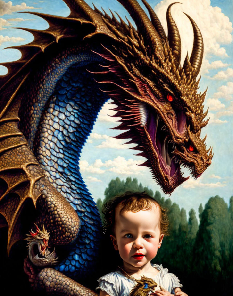 Vintage Clothing Child Smiling with Menacing Blue Dragon