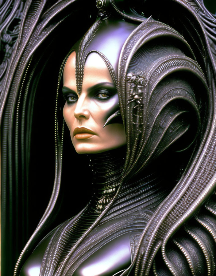 Futuristic female figure with intricate mechanical headdress and piercing gaze