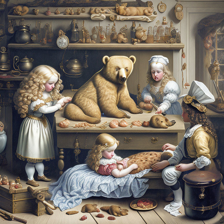 Whimsical illustration of human-sized bears and elegantly dressed children in a cozy kitchen