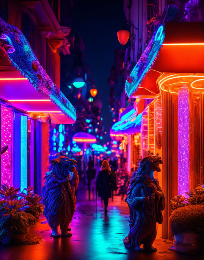 Neon-lit alley at night with lion statues and person walking.