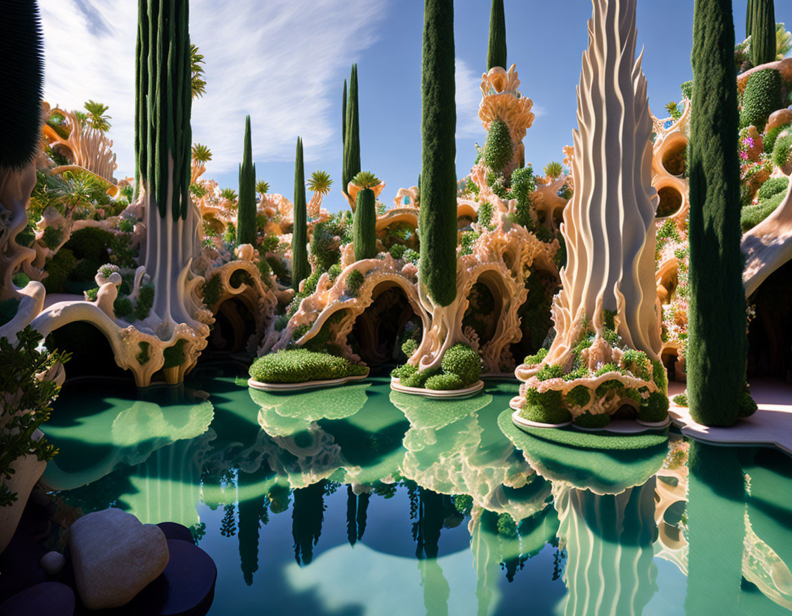 Surreal landscape with tall cacti, coral-like structures, and turquoise water.