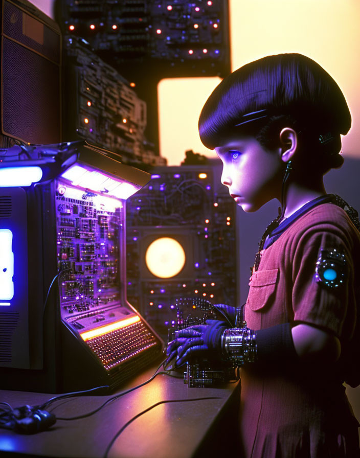 Child with futuristic cyber enhancements in purple-lit room interacting with advanced computer equipment.