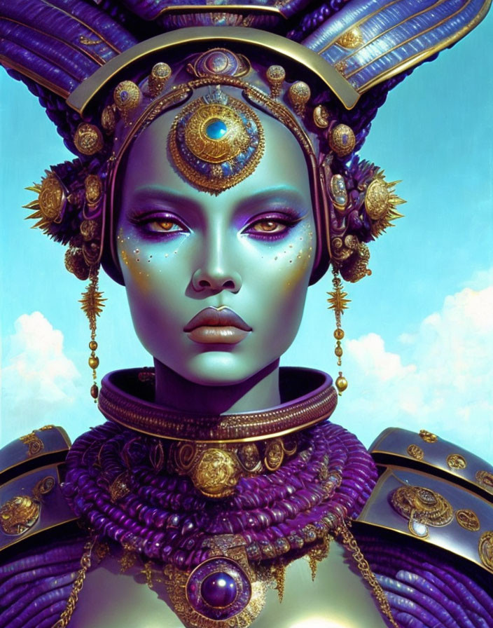 Regal alien female figure portrait in gold and purple attire against blue sky