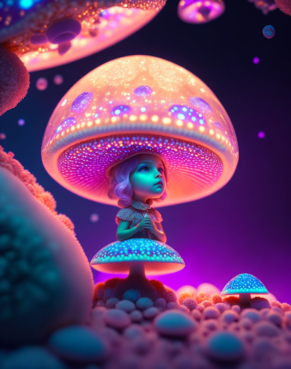 Child mesmerized by oversized neon mushrooms in fantasy dreamscape