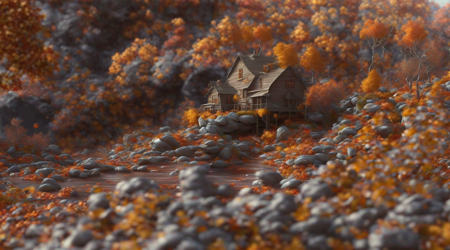 Cozy wooden cabin in rocky autumn landscape with warm leaves