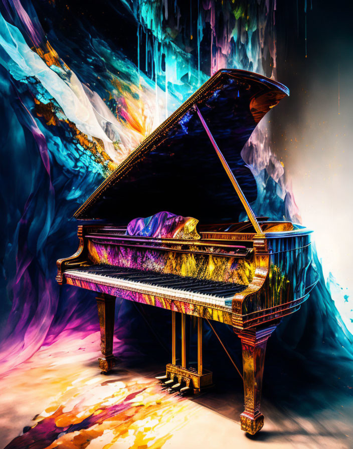 Colorful Psychedelic Grand Piano on Abstract Motion Background