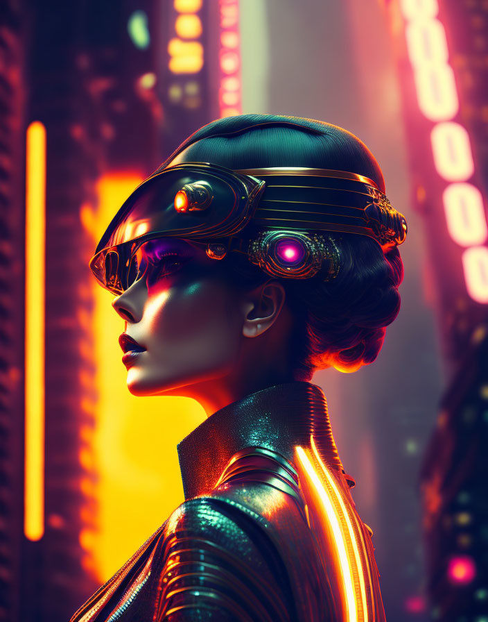 Cybernetic Woman with Glowing Visor in Neon Urban Setting