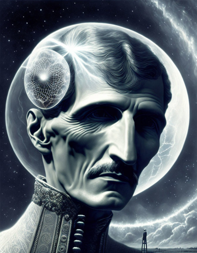 Man with open cranium revealing cosmic scene and web against moon and stars.