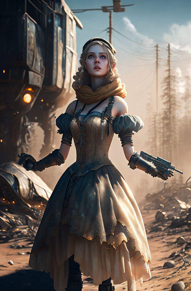 Futuristic steampunk woman in curious pose with mechanical backdrop