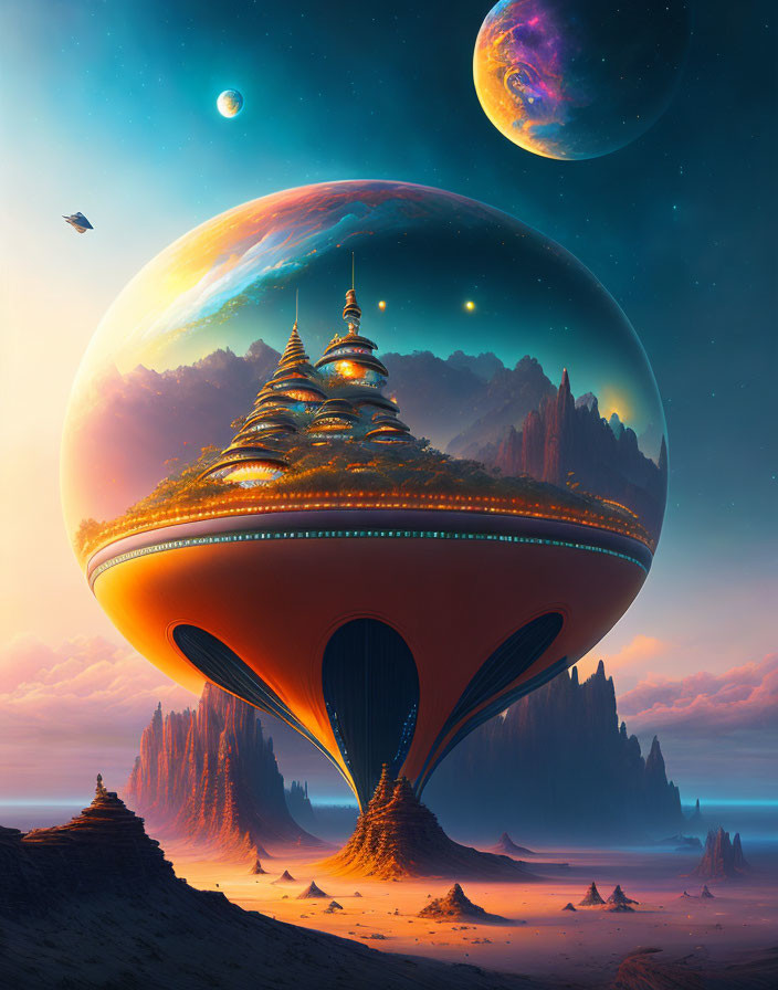 Futuristic landscape with domed temple on alien terrain