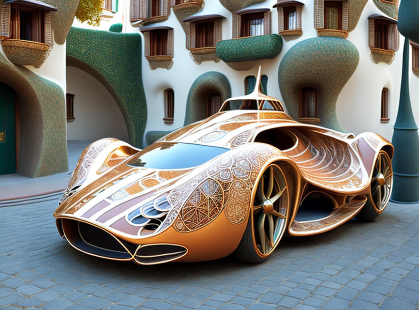 Elaborate Orange-Gold Futuristic Car in Whimsical Courtyard