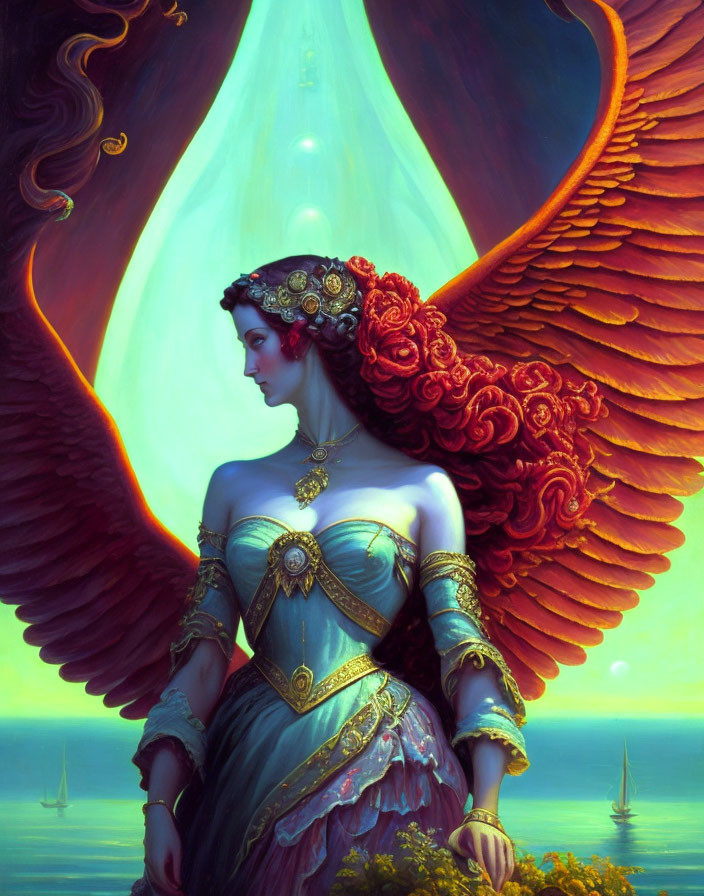 Majestic winged woman with red hair and crown in elegant attire by the sea