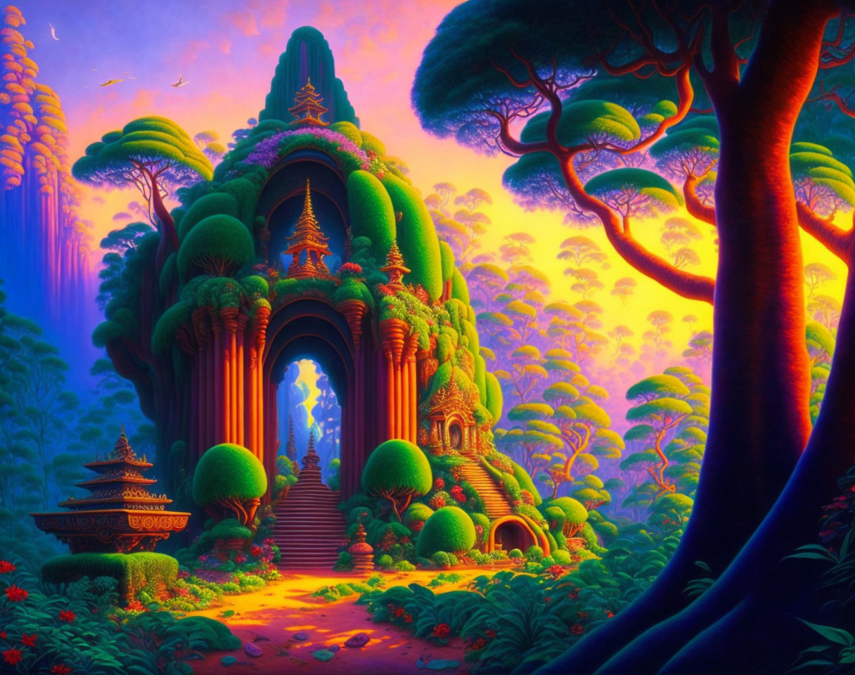 Vibrant fantasy landscape with lush temple amid exotic trees