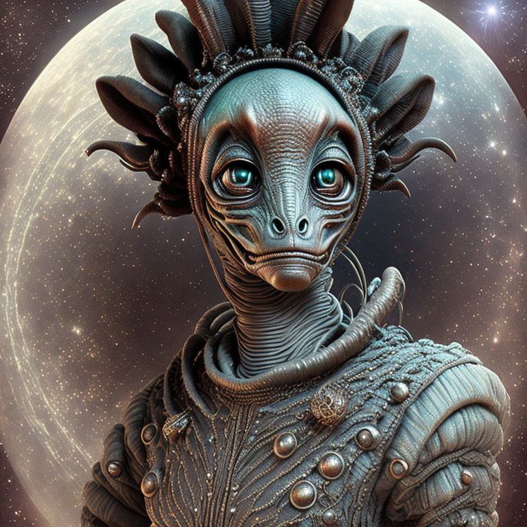 Extraterrestrial creature in celestial attire on moon background