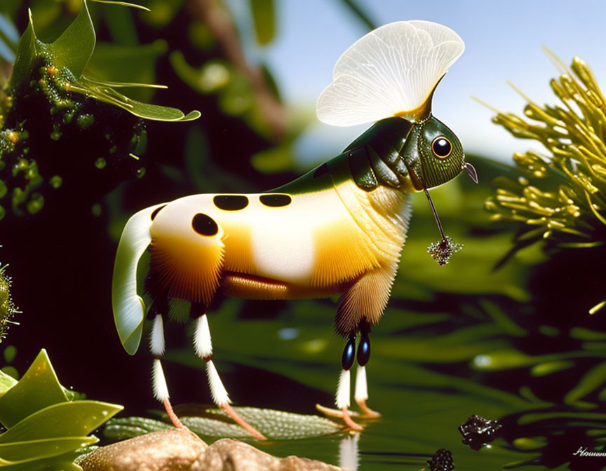 Whimsical insect with mushroom-like structures near water and foliage