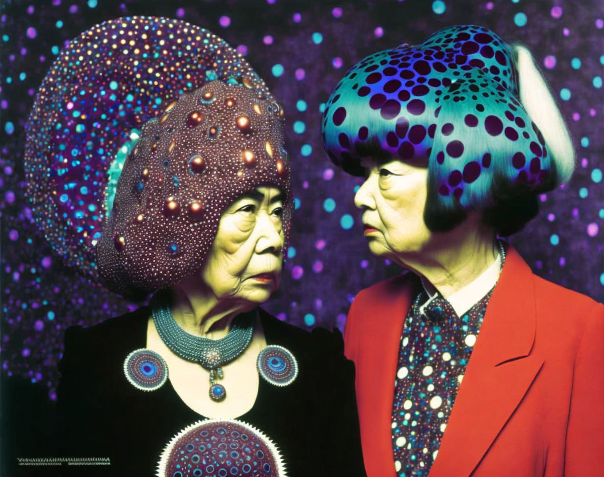 Two women in polka-dotted headwear and colorful clothing on dotted backdrop.