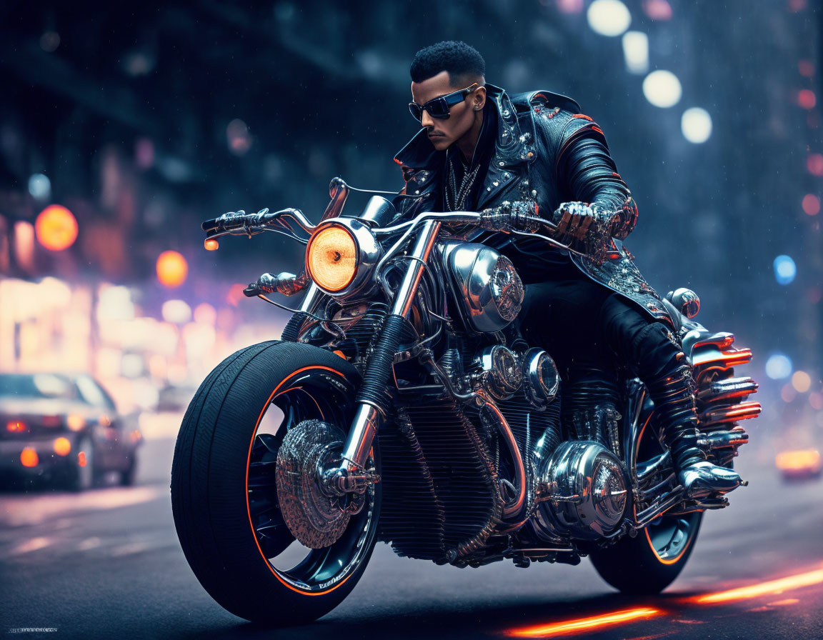 Person in black leather jacket rides chrome motorcycle in neon-lit city.