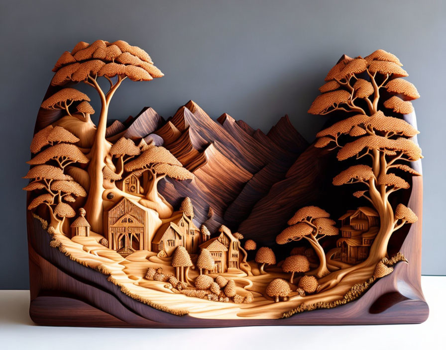 Detailed Wooden Landscape Sculpture with Trees, Mountains, and Buildings