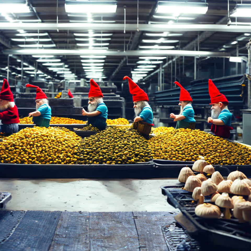 Whimsical garden gnomes sorting lemons in a fictional factory