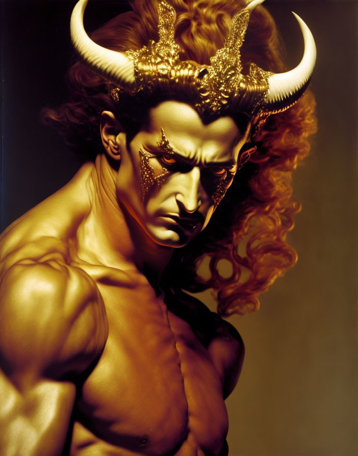 Portrait of person with horns and golden crown, dramatic expression and red hair on dark background