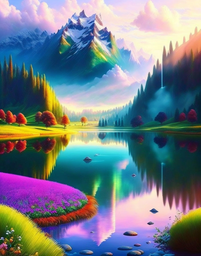 Scenic landscape with reflective lake, colorful flora, mountain, and forest