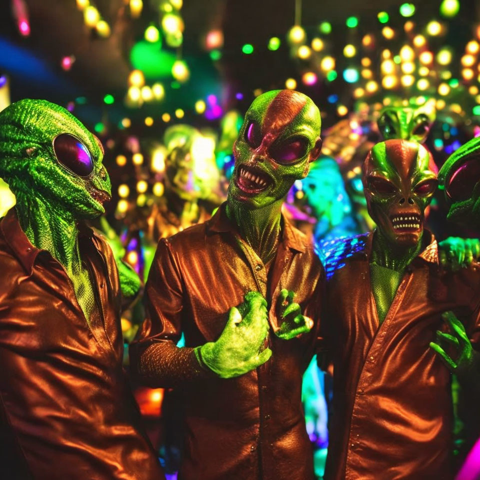 Four people in alien costumes at vibrant party with colorful lights