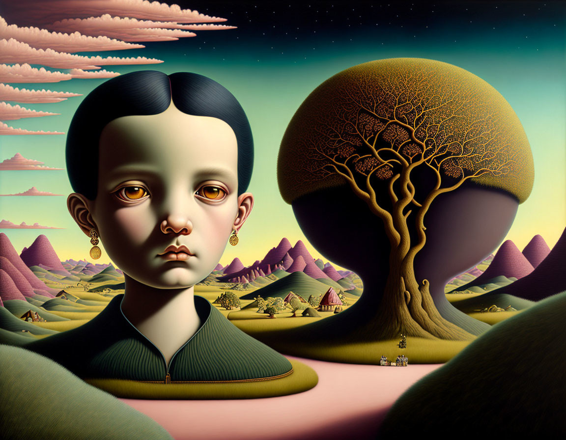 Surreal landscape featuring large-headed child, oversized tree, rolling hills, pink clouds, and tiny