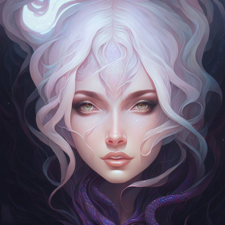 Mystical woman portrait with pale skin, green eyes, white hair, and purple accents on dark