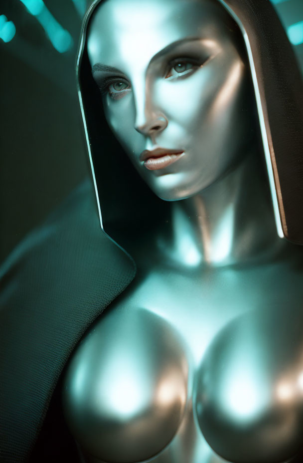 Metallic humanoid figure in nun's habit bathed in blue-green light - futuristic and mysterious aura